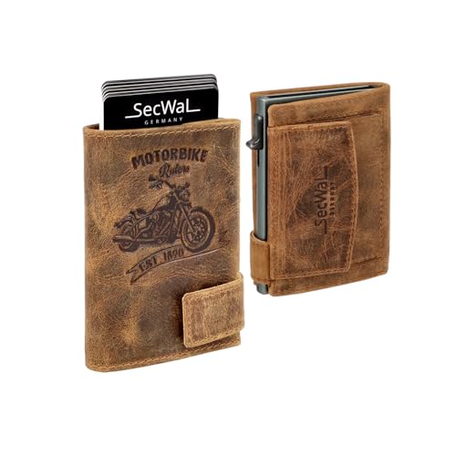 SecWal Kartenetui Prägung Motorrad mit Münzfach Druckknopf inkl. Geschenkbox - Echtleder Mini Geldbörse für Damen und Herren - RFID Schutz Portemonnaie Leder - Geldbeutel Motiv Prägung Motorrad von SecWal