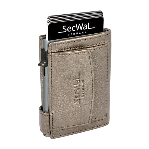 SecWal Kartenetui mit Münzfach Druckknopf inkl. Geschenkbox - Made in Germany - Echtleder Mini Geldbörse inkl. E-Book für Damen und Herren - RFID Schutz Geldbeutel klein (Metallic Grau) von SecWal