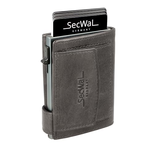 SecWal Kartenetui mit Münzfach Druckknopf inkl. Geschenkbox - Made in Germany - Echtleder Mini Geldbörse inkl. E-Book für Damen und Herren - RFID Schutz Geldbeutel klein (Vintage Grau) von SecWal