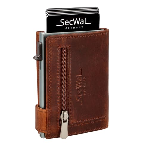 SecWal Kartenetui mit Münzfach Reißverschluss - Made in Germany - Echtleder Geldbörse inkl. E-Book für Damen und Herren - RFID Schutz Portemonnaie Leder - Geldbeutel klein (Bull Braun) von SecWal