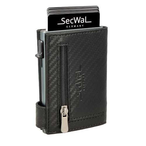 SecWal Kartenetui mit Münzfach Reißverschluss - Made in Germany - Echtleder Geldbörse inkl. E-Book für Damen und Herren - RFID Schutz Portemonnaie Leder - Geldbeutel klein (Carbon Schwarz) von SecWal