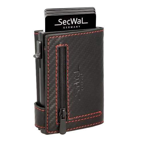 SecWal Kartenetui mit Münzfach Reißverschluss - Made in Germany - Echtleder Geldbörse inkl. E-Book für Damen und Herren - RFID Schutz Portemonnaie Leder - Geldbeutel klein (Carbon Schwarz-Rot) von SecWal