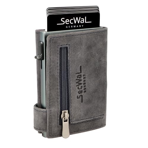 SecWal Kartenetui mit Münzfach Reißverschluss - Made in Germany - Echtleder Geldbörse inkl. E-Book für Damen und Herren - RFID Schutz Portemonnaie Leder - Geldbeutel klein (Hunter Grau) von SecWal