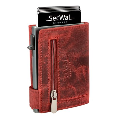 SecWal Kartenetui mit Münzfach Reißverschluss - Made in Germany - Echtleder Geldbörse inkl. E-Book für Damen und Herren - RFID Schutz Portemonnaie Leder - Geldbeutel klein (Hunter Rot) von SecWal
