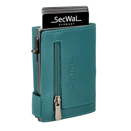 SecWal Kartenetui mit Münzfach Reißverschluss - Made in Germany - Echtleder Geldbörse inkl. E-Book für Damen und Herren - RFID Schutz Portemonnaie Leder - Geldbeutel klein (Türkis) von SecWal