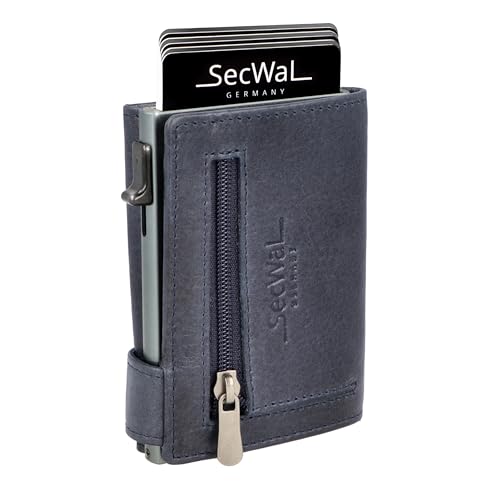 SecWal Kartenetui mit Münzfach Reißverschluss - Made in Germany - Echtleder Geldbörse inkl. E-Book für Damen und Herren - RFID Schutz Portemonnaie Leder - Geldbeutel klein (Vintage Blau) von SecWal