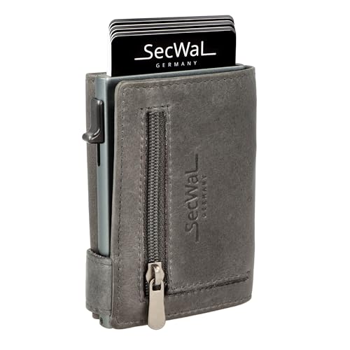 SecWal Kartenetui mit Münzfach Reißverschluss - Made in Germany - Echtleder Geldbörse inkl. E-Book für Damen und Herren - RFID Schutz Portemonnaie Leder - Geldbeutel klein (Vintage Grau) von SecWal