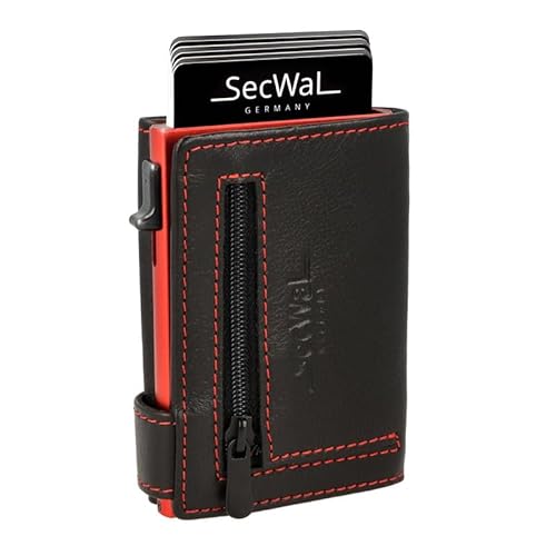 SecWal Kartenetui mit Münzfach Reißverschluss - Made in Germany - Echtleder Geldbörse inkl. E-Book für Damen und Herren roter Container - RFID Schutz Portemonnaie Leder (Rot-Schwarz) von SecWal