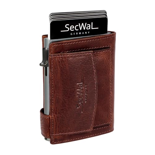 SecWal Kartenetui mit Münzfach Druckknopf inkl. Geschenkbox - Made in Germany - Echtleder Mini Geldbörse inkl. E-Book für Damen und Herren - RFID Schutz Geldbeutel klein (Bull Braun) von SecWal