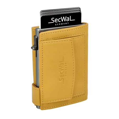 SecWal Kartenetui mit Münzfach Druckknopf inkl. Geschenkbox - Made in Germany - Echtleder Mini Geldbörse inkl. E-Book für Damen und Herren - RFID Schutz Geldbeutel klein (Gelb) von SecWal