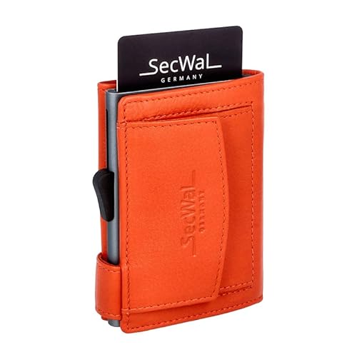 SecWal Kartenetui mit Münzfach Druckknopf inkl. Geschenkbox - Made in Germany - Echtleder Mini Geldbörse inkl. E-Book für Damen und Herren - RFID Schutz Geldbeutel klein (Orange) von SecWal