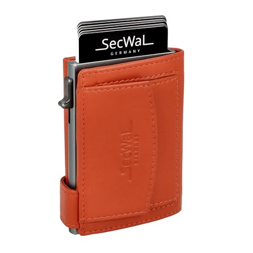 SecWal Kartenetui mit Münzfach Druckknopf inkl. Geschenkbox - Made in Germany - Echtleder Mini Geldbörse inkl. E-Book für Damen und Herren - RFID Schutz Geldbeutel klein (Orange) von SecWal