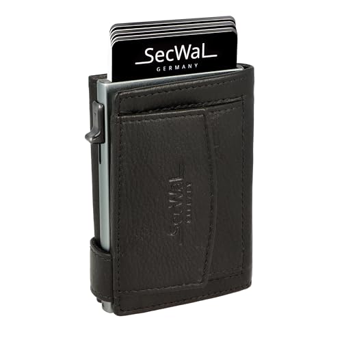 SecWal Kartenetui mit Münzfach Druckknopf inkl. Geschenkbox - Made in Germany - Echtleder Mini Geldbörse inkl. E-Book für Damen und Herren - RFID Schutz Geldbeutel klein (Schwarz) von SecWal