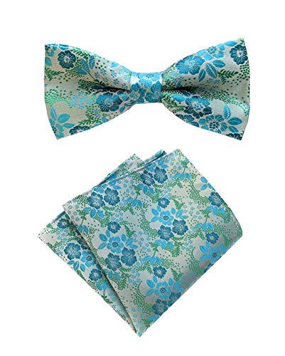 Herren Krawatte vorgebunden Fliege Set Luxus Blumenmuster Hochzeit Fliegen mit Einstecktuch Set, cyan, Einheitsgröße von Secdtie