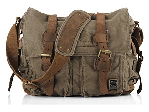 Sechunk Vintage Militär Leder Canvas Umhängetasche Laptop Tasche Retro Messenger Taschen (Armee Grün, small-13‘’) von Sechunk