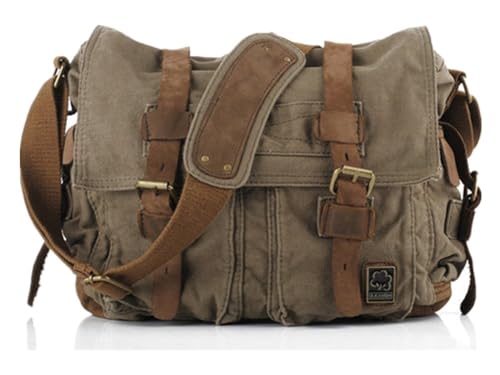 Sechunk Vintage Militär Leder Canvas Umhängetasche Laptop Tasche Retro Messenger Taschen (Armee Grün, Klein-13‘’) von Sechunk