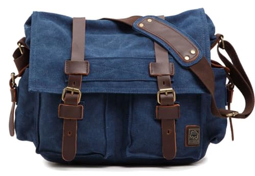 Sechunk Vintage Militär Leder Canvas Umhängetasche Laptop Tasche Retro Messenger Taschen (Blau, Mittel-15‘’) von Sechunk