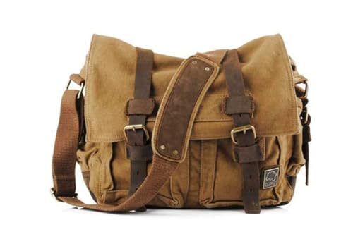 Sechunk Vintage Militär Leder Canvas Umhängetasche Laptop Tasche Retro Messenger Taschen (Gelb, Klein-13‘’) von Sechunk