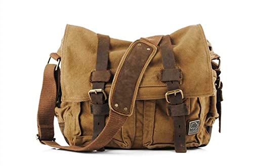 Sechunk Vintage Militär Leder Canvas Umhängetasche Laptop Tasche Retro Messenger Taschen (Gelb, Medium-15‘’) von Sechunk