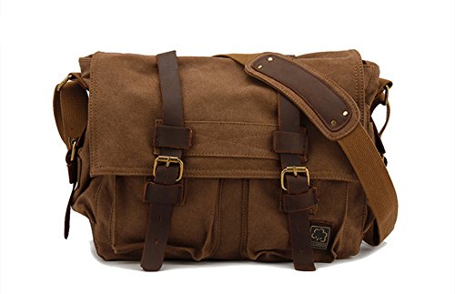 Sechunk Vintage Militär Leder Canvas Umhängetasche Laptop Tasche Retro Messenger Taschen (Kaffee, Medium-15‘’) von Sechunk