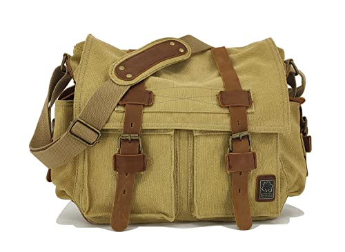 Sechunk Vintage Militär Leder Canvas Umhängetasche Laptop Tasche Retro Messenger Taschen (Khaki, small-13‘’) von Sechunk