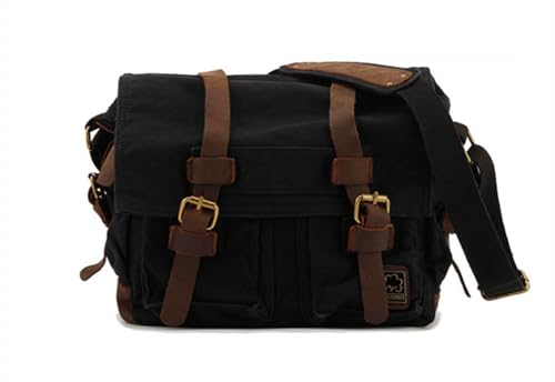 Sechunk Vintage Militär Leder Canvas Umhängetasche Laptop Tasche Retro Messenger Taschen (Schwarz, Klein-13‘’) von Sechunk