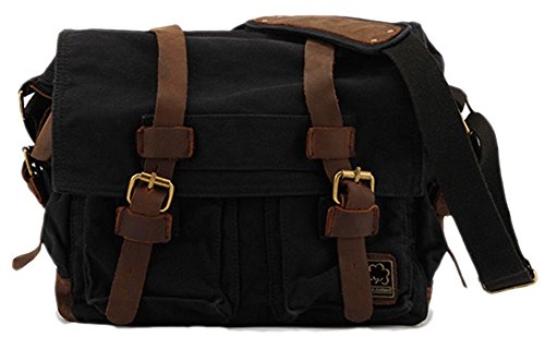 Sechunk Vintage Militär Leder Canvas Umhängetasche Laptop Tasche Retro Messenger Taschen (Schwarz, Medium-15‘’) von Sechunk