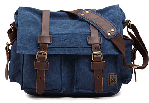 Sechunk Vintage Militär Leder Canvas Umhängetasche Laptop Tasche Retro Messenger Taschen (Blau, Medium-15‘’) von Sechunk