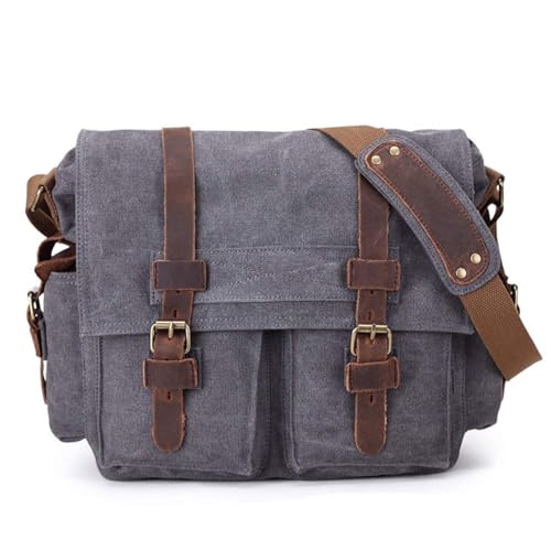 Sechunk Vintage Militär Leder Umhängetasche Canvas Laptop Tasche Retro Messenger Taschen (Grau, Large-17‘’) von Sechunk