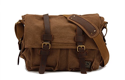 Sechunk Vintage Militär Leder Umhängetasche Canvas Laptop Tasche Retro Messenger Taschen (Kaffee, Large-17‘’) von Sechunk