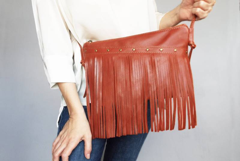 Leder Umhängetasche Whisky Farbe, Fransen Kreuz Body Handtasche Leder Umhängetasche Whisky Farbe, Fransen Kreuz Body Handtasche von Secinski