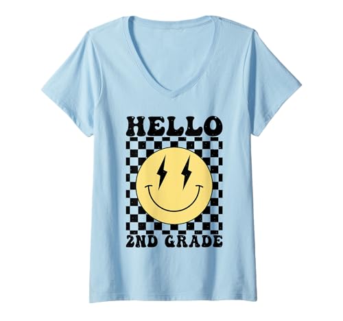 Damen Hallo, Lehrer der zweiten Klasse, erster Schultag, 2. Klasse T-Shirt mit V-Ausschnitt Damen Hallo, Lehrer der zweiten Klasse, erster Schultag, 2. Klasse T-Shirt mit V-Ausschnitt von Second Grade Back To School Smile Face