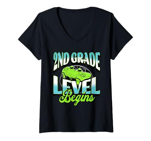 Damen 2. Klasse freigeschaltetes Retro-Gaming-Abenteuer-Design T-Shirt mit V-Ausschnitt Damen 2. Klasse freigeschaltetes Retro-Gaming-Abenteuer-Design T-Shirt mit V-Ausschnitt von Second Grade Level Begins Gamer Team Designs