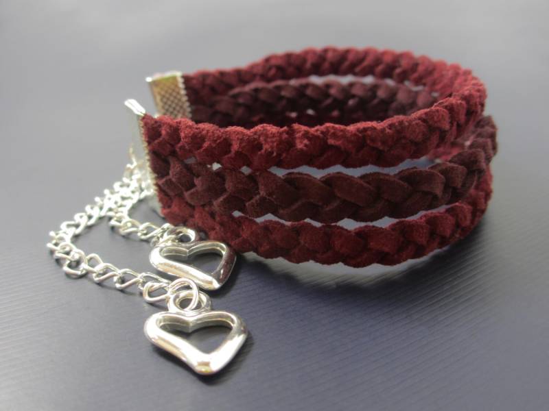 Burgunder Ombre Armband, Einzigartige Armband Geschenk, Burgund Rot Wildleder Geflochtene Manschette, Herz Bettelarmband Geflochten von SecondSkein