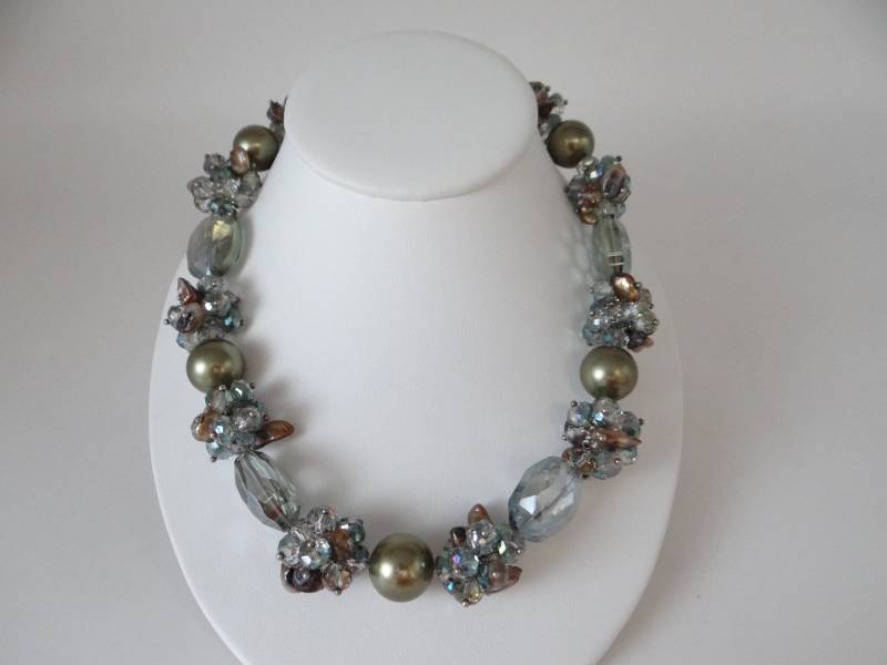 Schattierungen Von Grau Und Blau Perlen Halskette Funkelnden Vintage Verstellbare 16, 5 "Bis 19, 5" von SecondWindShop