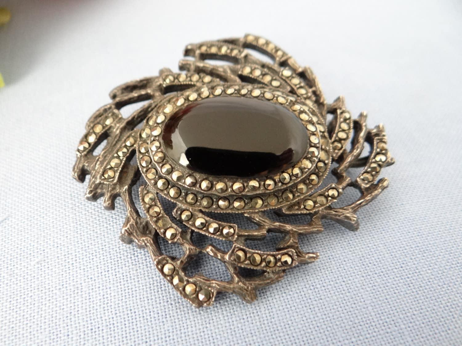 Wunderschöne Art Deco Onyx Und Markasit Brosche Anhänger Auf Silber 925 Einstellung - Elegantes Period Design 1920Er Jahre 1930Er von SecondWindShop