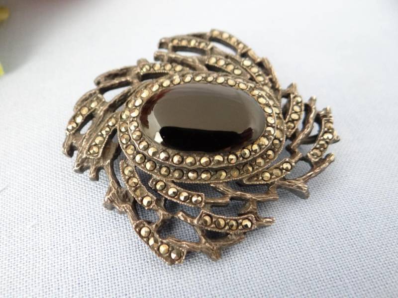 Wunderschöne Art Deco Onyx Und Markasit Brosche Anhänger Auf Silber 925 Einstellung - Elegantes Period Design 1920Er Jahre 1930Er von SecondWindShop