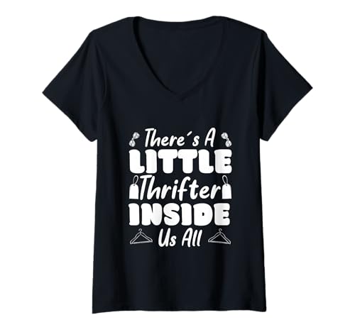 Damen Thrift Shop Little Thrifter Inside Us All Liebe Secondhand T-Shirt mit V-Ausschnitt von Secondhand Läden Flohmärkte Shopper Geschenk Shirt