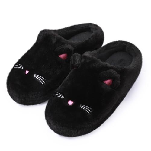 Fuzzy Cat Hausschuhe für Damen, lustige Tierhausschuhe mit weichem Memory-Schaum, bequeme Plüsch-warme Slip-on-Hausschuhe, Schwarz, 9-10 von Secret Slippers
