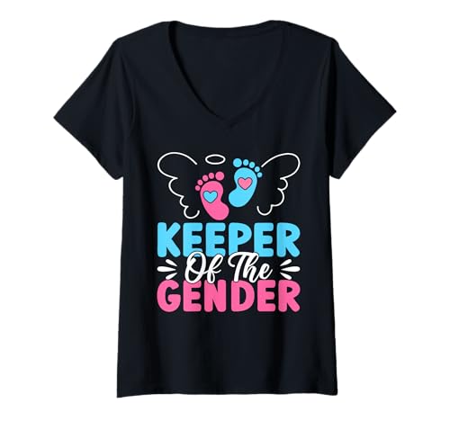 Damen Lustiges Keeper of The Gender Secret Reveal Design T-Shirt mit V-Ausschnitt von Secret Squad Apparel