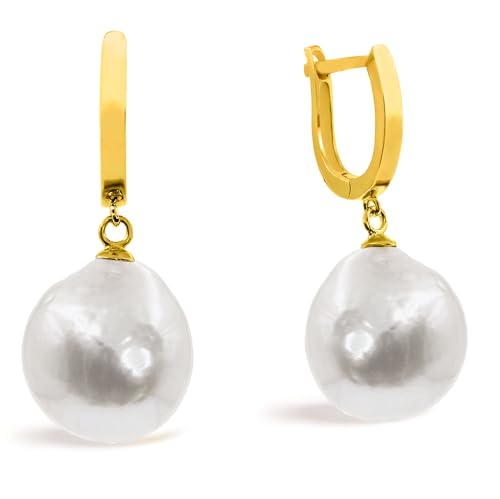Frauen Perlenohrringe mit Süßwasser-Zuchtperlen | Große weiße Barockperlen 12,00-13,00 mm von Secret & You | Vergoldetes 925 Sterling Silber von Secret & You