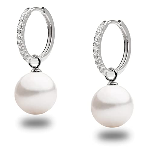 Creolen für Damen, 16 mm, mit 8,5–9 mm runder Süßwasser-Zuchtperle, austauschbarem Charm und Zirkonen für Woman Secret & You – rhodiniertes 925er Sterlingsilber von Secret & You