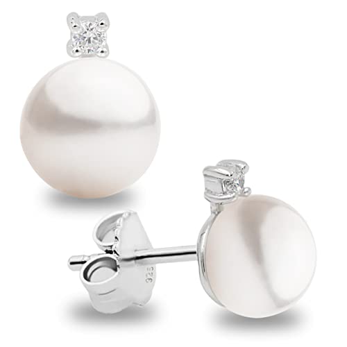 Frauen Perlen Ohrstecker, Süßwasserzuchtperlen Knopfform 8-9 mm mit einem kleinen Zirkonia Stein Secret & You - Hochwertiger Sterling Silber 925 Halterungen mit großen Muttern. von Secret & You