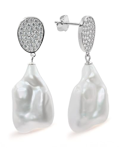 Damen Perlenohrringe, SüßwasserZuchtperlen - Keshi Barockperlen 16,00-17,00 mm und Zirkonia von Secret & You - Hochwertiges rhodiniertes 925 Sterlingsilber mit großen Schmetterlingsrücken. von Secret & You