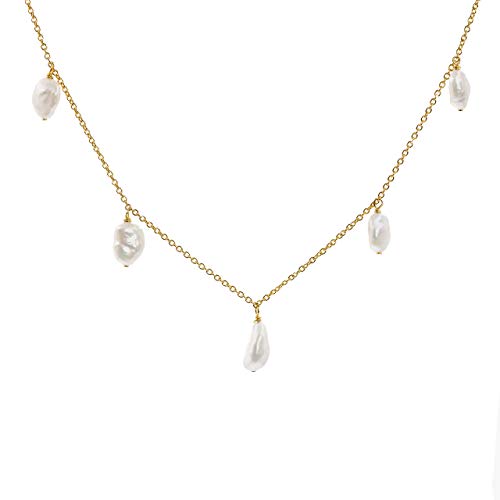 Damen Perle Anhänger Halskette mit fünf Süßwasser-Zuchtperlen Barock Keshi Form 7-8 und 9-10 mm | 925 Sterling Silber Kette und Anhänger 18 Karat Vergoldet von Secret & You | 38 bis 45 cm lang. von Secret & You