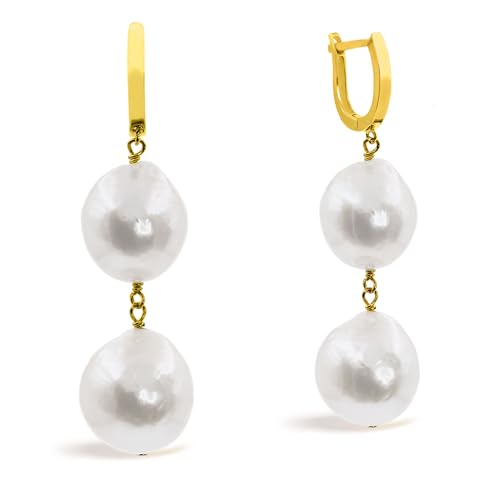 Damen Perlen Ohrringe Süßwasser zuchtperlen - Zwei große Barockperlen 12,00-13,00 mm von SECRET & YOU - Perlen Ohrhänger 925er Sterlingsilber 18 Karat vergoldetes von Secret & You