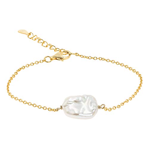 Secret & You Damen Perlen Armband Süßwasserzuchtperlen Barock Keshi Form 11-12 mm - 925 Sterling Silber Kette 18 Karat Vergoldet 17-20 cm lang. von Secret & You