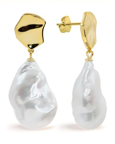 Damen Perlenohrringe, SüßwasserZuchtperlen - Keshi Barockperlen 16,00-17,00 mm und von Secret & You - Hochwertiges 18 Karat vergoldetes 925 Sterlingsilber mit großen Schmetterlingsrücken. von Secret & You