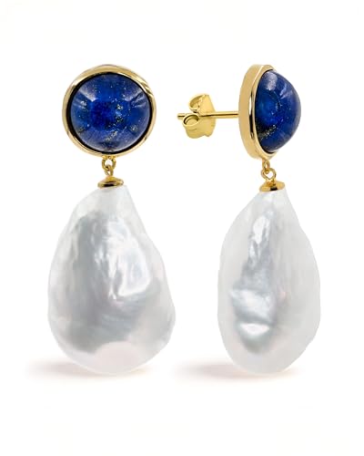 Damen Perlenohrringe, SüßwasserZuchtperlen - Keshi Barockperlen 16,00-17,00mm und Lapislazuli von Secret & You - Hochwertiges 18 Karat vergoldetes 925 Sterlingsilber mit großen Schmetterlingsrücken von Secret & You