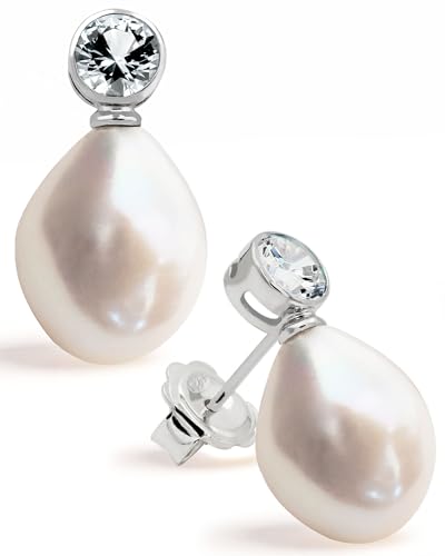 Damen Perlenohrringe mit 12-13 mm Barock Süßwasser Zuchtperlen Weiß mit Zirkonia - SECRET & YOU - Perlenohrstecker 925er Sterling silber von Secret & You